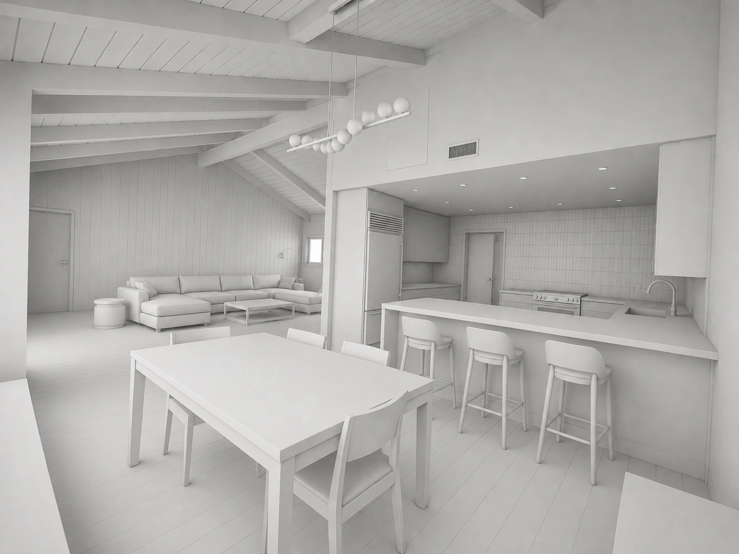 Grayscale design render of the planned kitchen and dining area