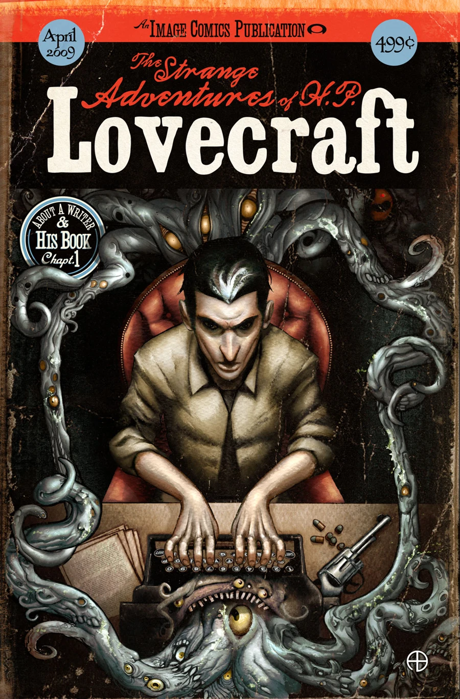 Comic cover: a writer at his typewriter surrounded by monstrous tentacles