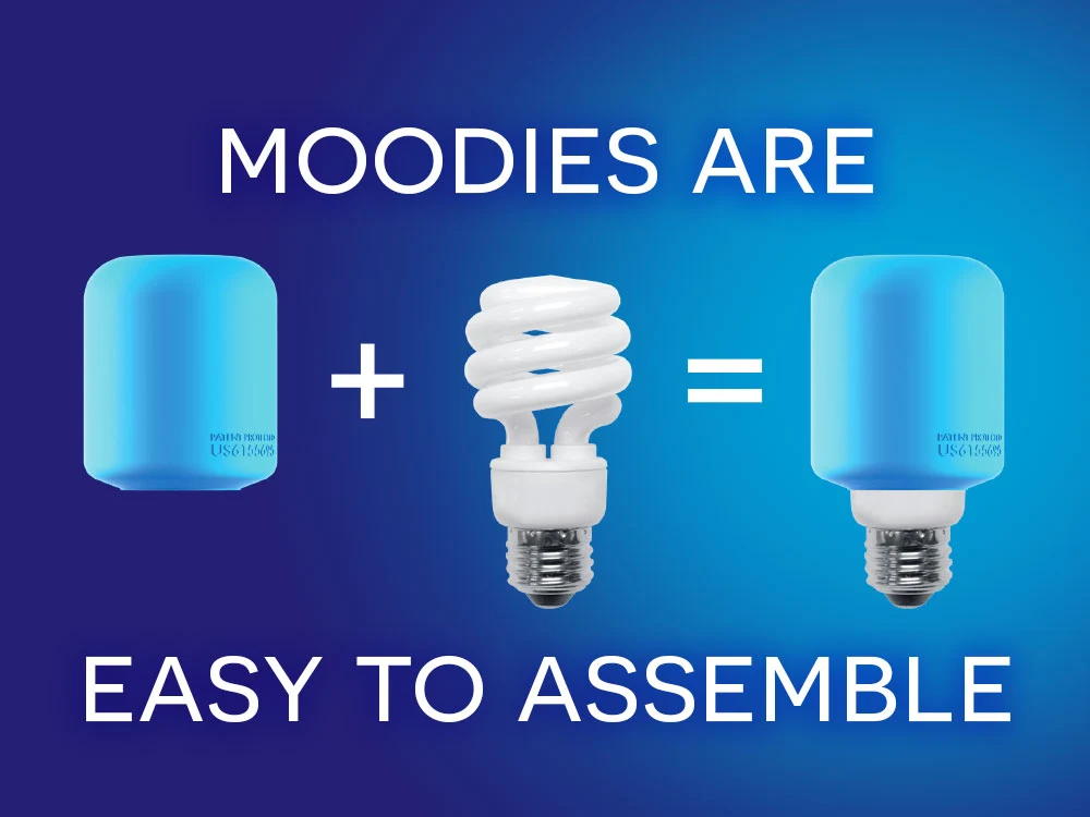 Moodies instruction artwork: a silicone cover placed over a light bulb