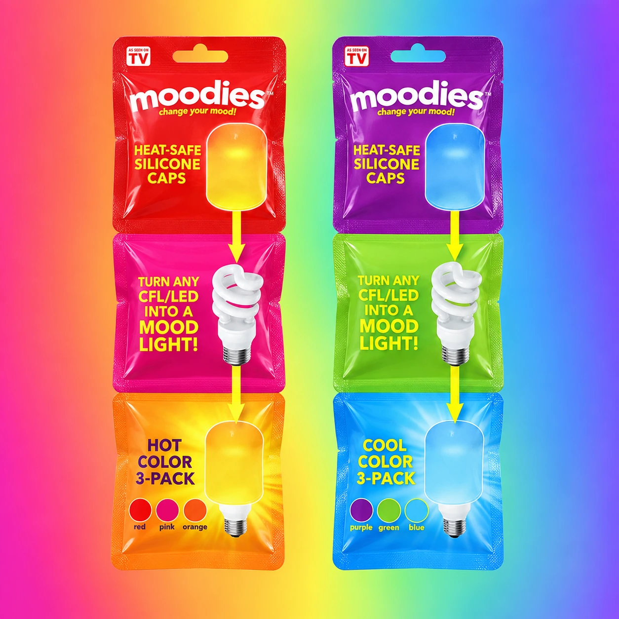 Moodies Hot Color and Cool Color three-packs against a rainbow gradient