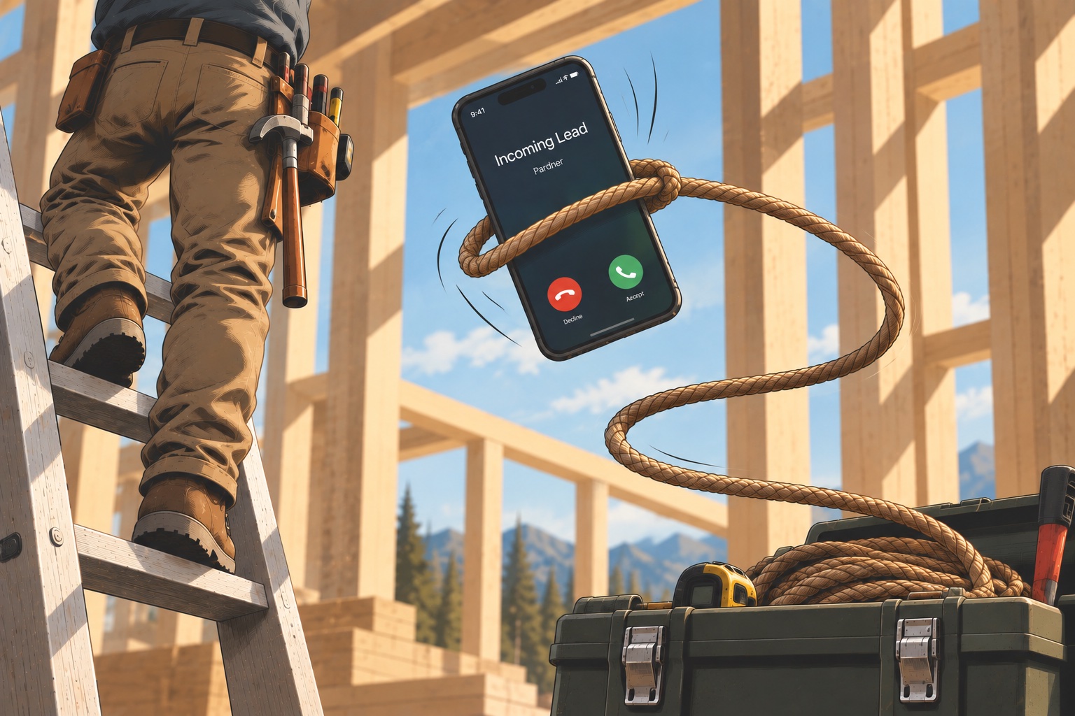 Pardner illustration: a lasso catches an incoming lead while a tradesperson works on a ladder