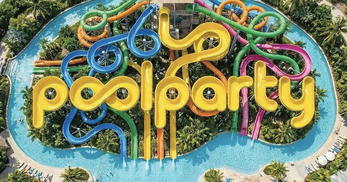 PoolParty lettering formed from yellow waterslides in a colorful waterpark
